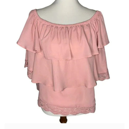 Gibson Size Small Pink Blouse Top Flounce Tiered Embroidery Lace Detail