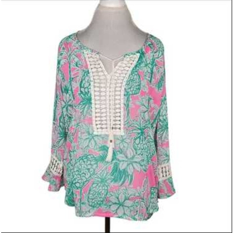 Casey Key Pink & Green Pineapple Lace Bell Sleeve Hi-low Chiffon Blouse XX-Large