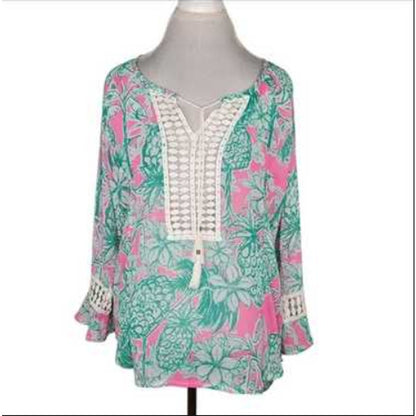 Casey Key Pink & Green Pineapple Lace Bell Sleeve Hi-low Chiffon Blouse XX-Large