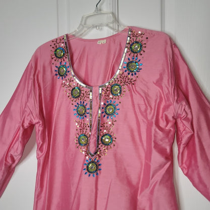 Fabindia Pink Embroidered Long Sleeve Tunic Top Beaded Embellishments size Large