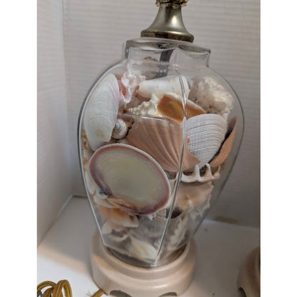 Pair Vintage Coastal Beach House Sea Shell Filled Glass Table Lamps Nautical
