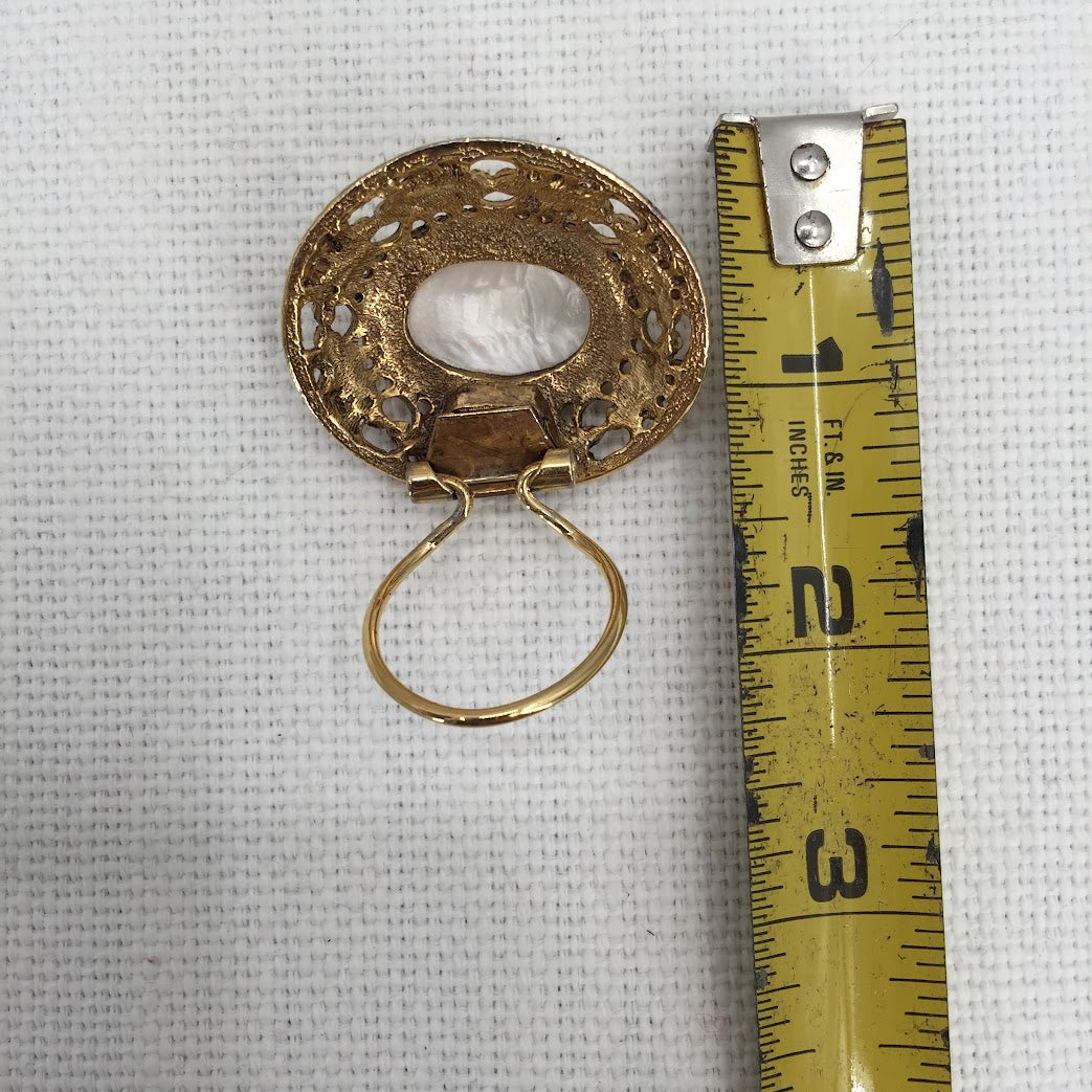 Vintage Estate Faux Pearl Brass Renaissance Brushed brass Tie Scarf brooch Clip