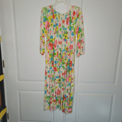 Vintage Poly Pajama Housedress PJs Floral Maxi Long Sleeve raw hem LARGE/XL