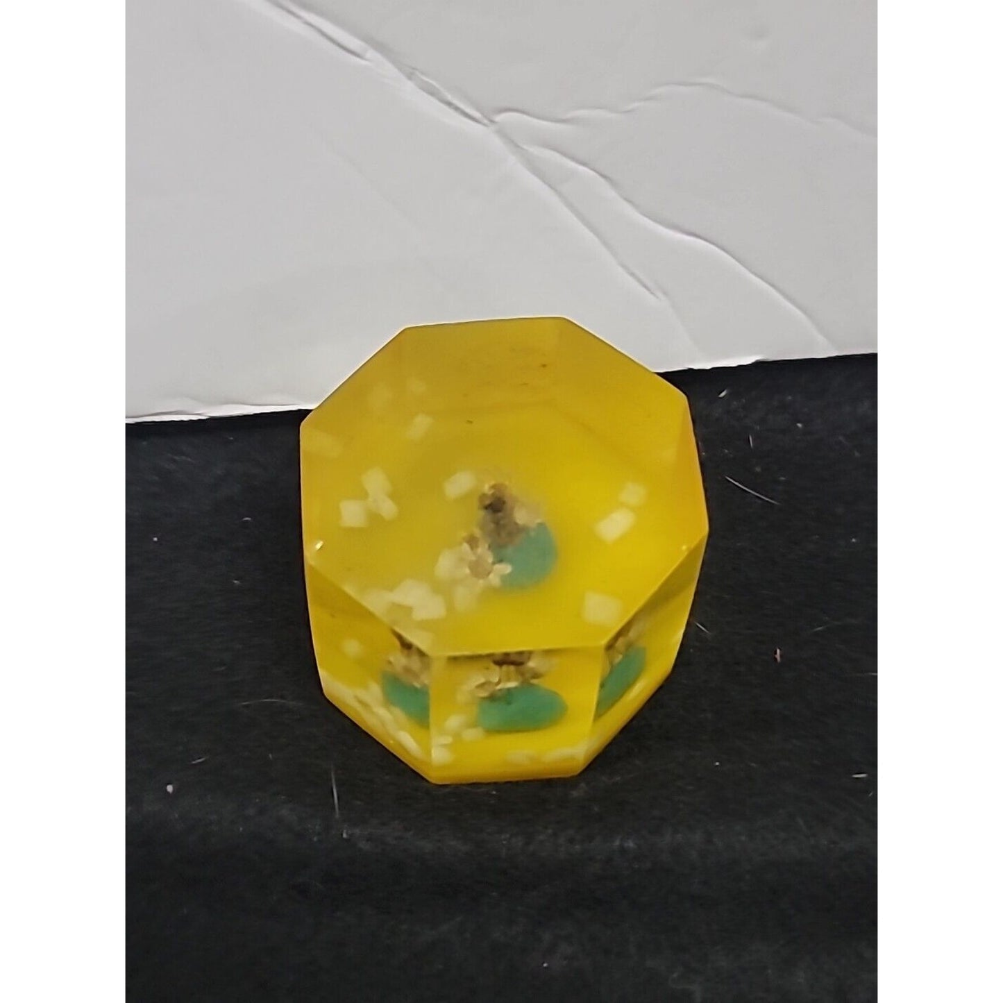 Vintage Facet Lucite Paperweight w/ Flowers Shell Inside