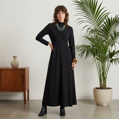 Alison Ayres Original Vintage Black Maxi Polyester Long Sleeve Modesty 1970s
