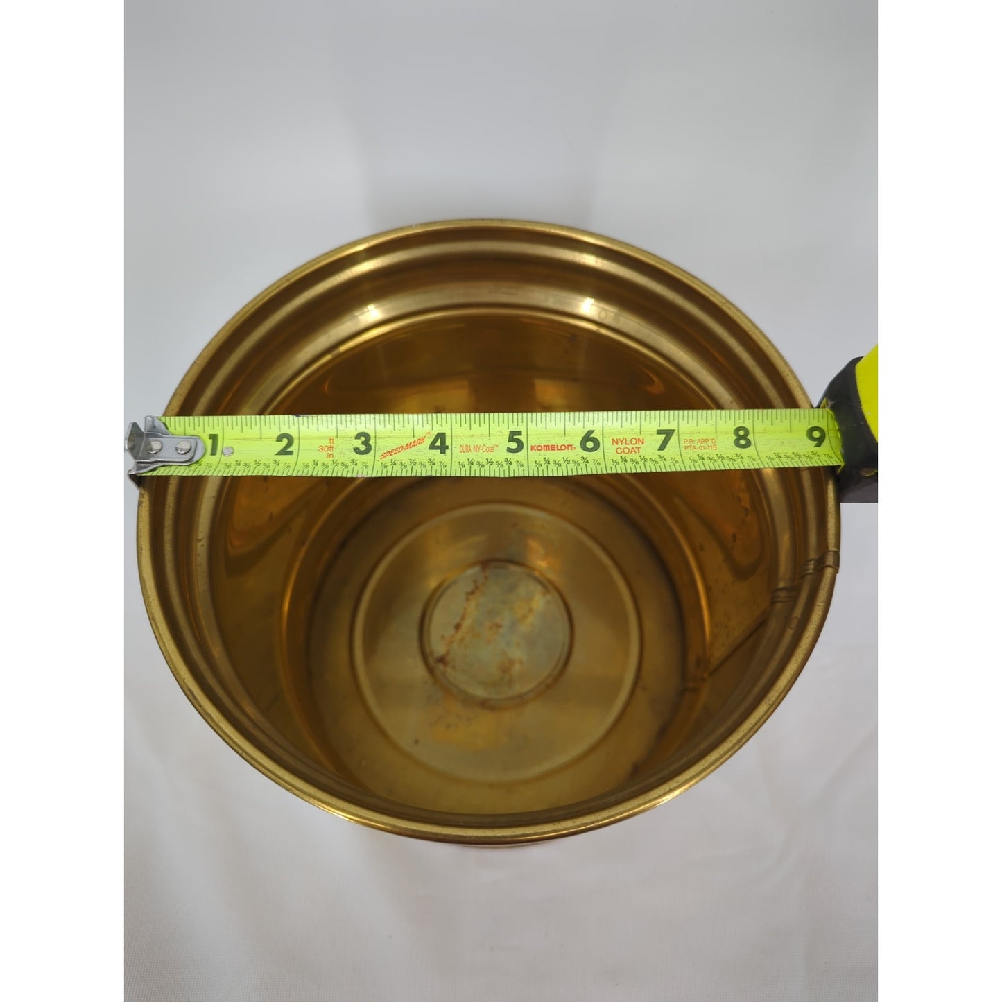 Vintage MCM brass banded planter 9" x 8"  Cylindrical pot bin Hollywood Regency