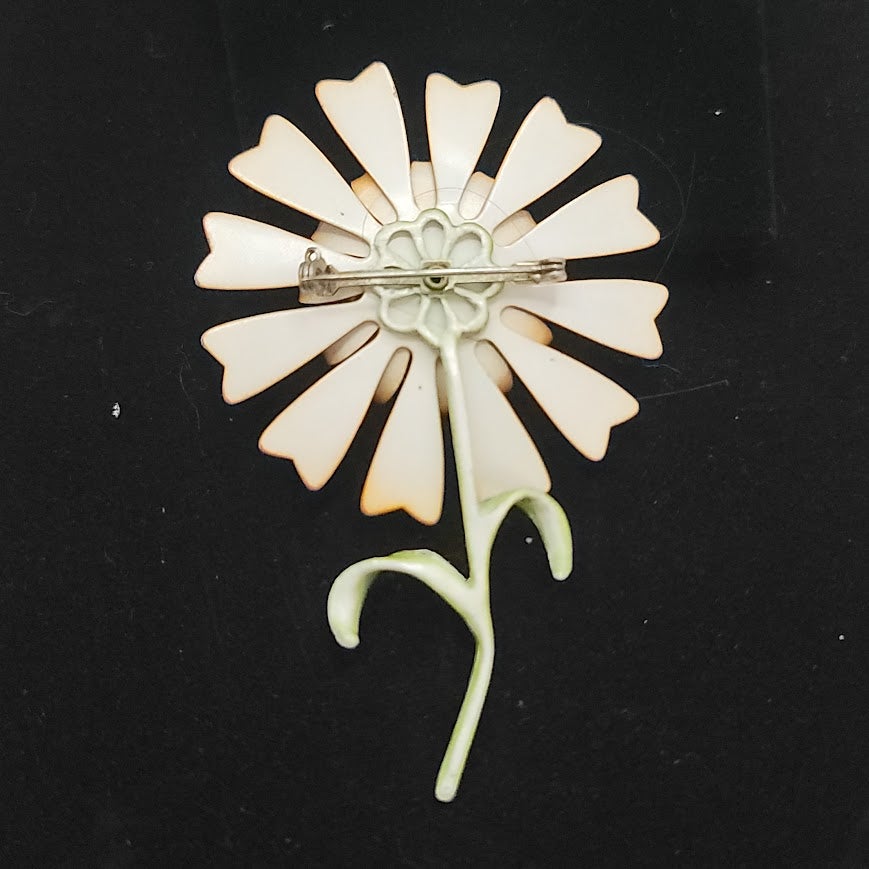Vintage Orange Yellow Enamel Daisy Flower Brooch Mid Century mod