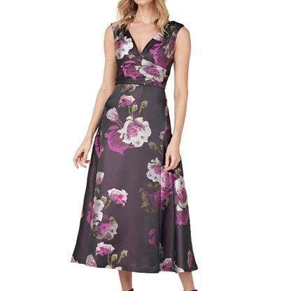 Kay Unger Size 4 Tea Length Midi Plum Floral Sleeveless Fit Flare cocktail DRESS