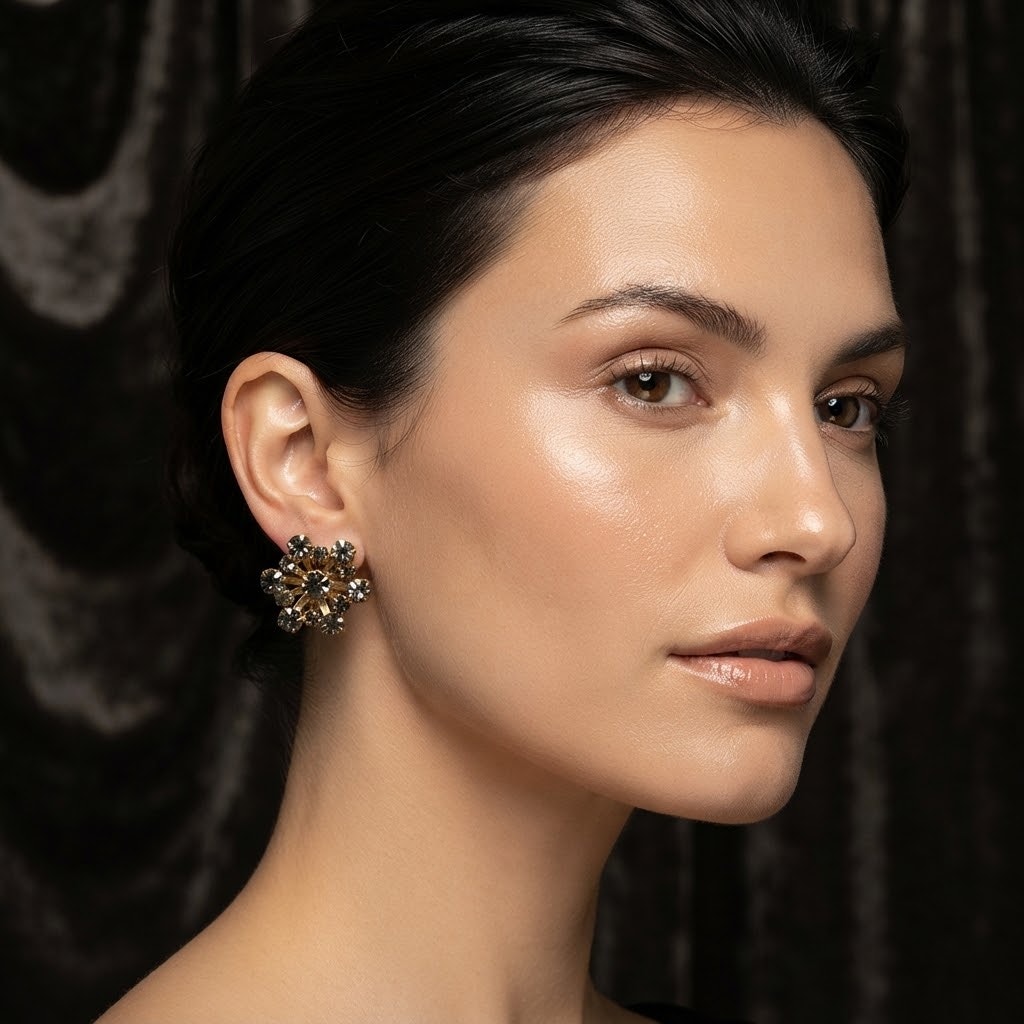 Vintage Gray Crystal Stone Rose Gold Tone Clip On Earrings Retro Glamour