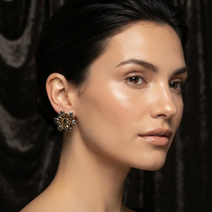 Vintage Gray Crystal Stone Rose Gold Tone Clip On Earrings Retro Glamour