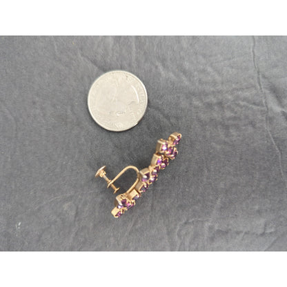 Vintage Gold Tone Purple Rhinestone Cross Dangle Earrings Screw Back Retro 1960s