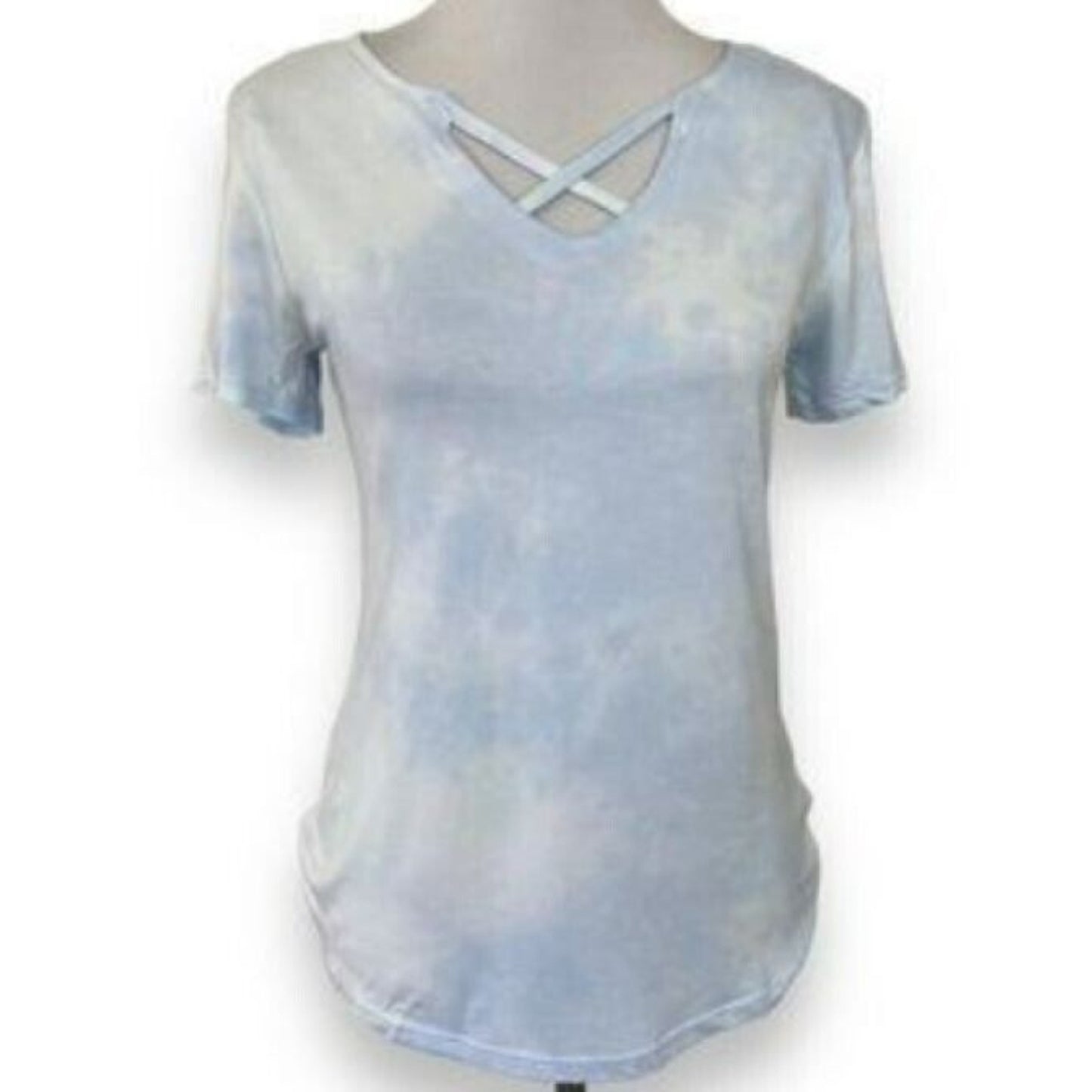 Derek Heart Women's V-Neck Cross-Front Tie-Dye Top Sz LARGE Light Blues NWT