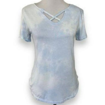 Derek Heart Women's V-Neck Cross-Front Tie-Dye Top Sz LARGE Light Blues NWT
