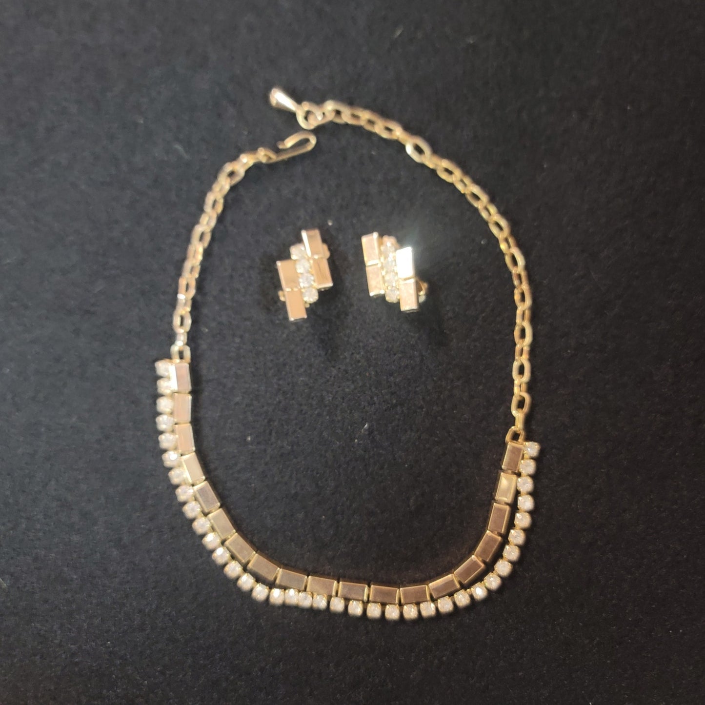 Vintage Necklace Matching Clip On Earring Gold Crystal Choker Style Reticulated