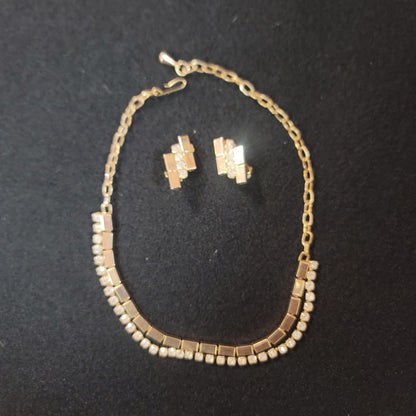 Vintage Necklace Matching Clip On Earring Gold Crystal Choker Style Reticulated