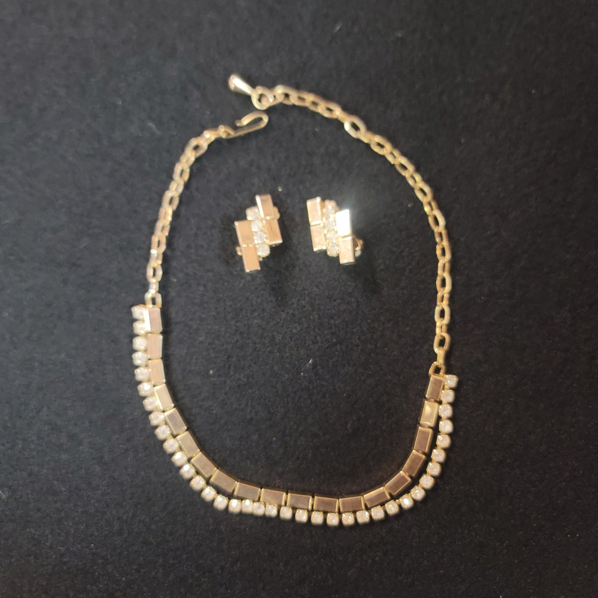 Vintage Necklace Matching Clip On Earring Gold Crystal Choker Style Reticulated