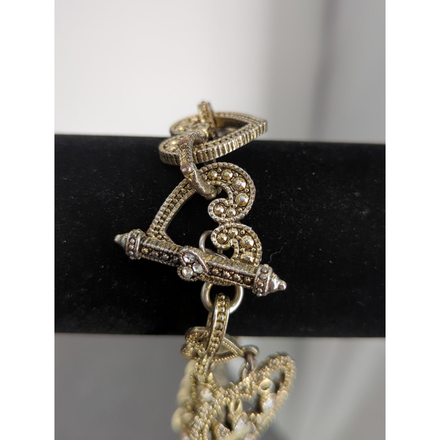 7" Vintage Gold-Tone Filigree Heart & Angels Charm Bracelet Coquette Victorian