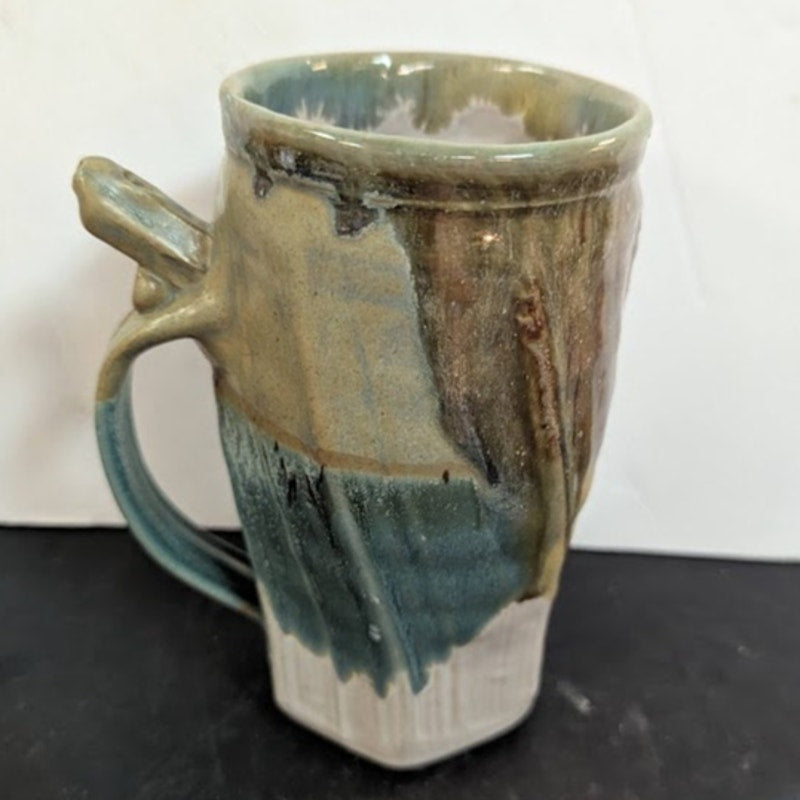 Vintage Handmade Pottery Mugs by Schmidt Green Tan Whistle Wenching Earthy Style