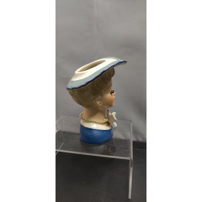 Napco A5046 Blue Lady Headvase Planter MCM Kitsch Retro Collectible Ceramic Vase