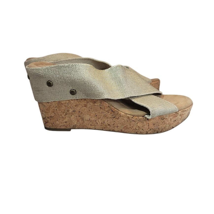 Merona Sandals Womens 9.5 Platform Beige Fabric Slip On Wedge Cork Heels Casual