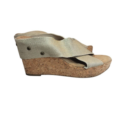 Merona Sandals Womens 9.5 Platform Beige Fabric Slip On Wedge Cork Heels Casual