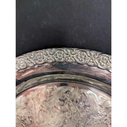 Vintage Hollywood Regency Silverplate Round Platter Ornate Serving Tray