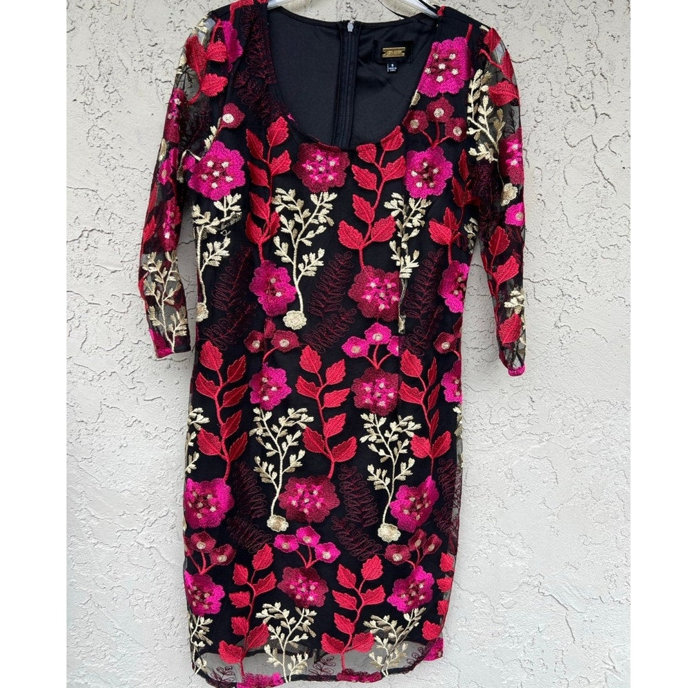 Alexia Admor Floral Overlay black red Dress Size 2 Embroidery gold Cocktail NEW