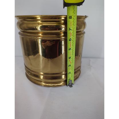Vintage MCM brass banded planter 9" x 8"  Cylindrical pot bin Hollywood Regency