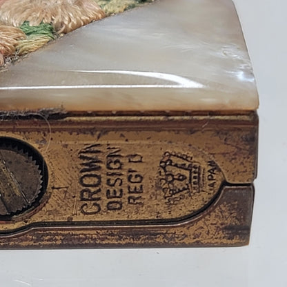 Vintage Crown Brass Mother of Pearl Pocket Lighter Antique Japan Floral Compact