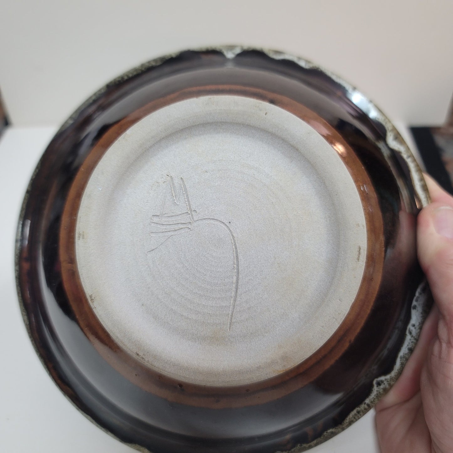 Pottery Glazed bowl handmade signed 7 1/2" Brown lipped earthtone Dripware