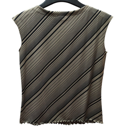 QUE Diagonal Stripe Sleeveless Top Womens Medium Tan Black Keyhole Bow Blouse