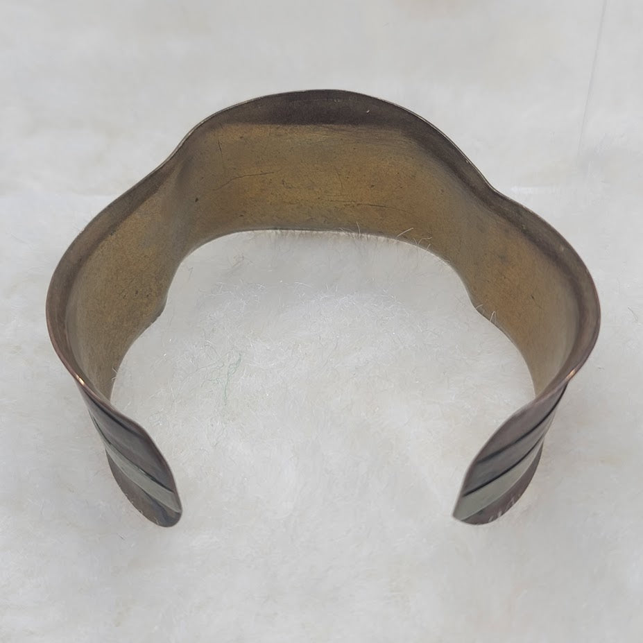 Vintage Brutalist Mixed Metal Ripple Cuff Bracelet Brass Copper Silver Tone