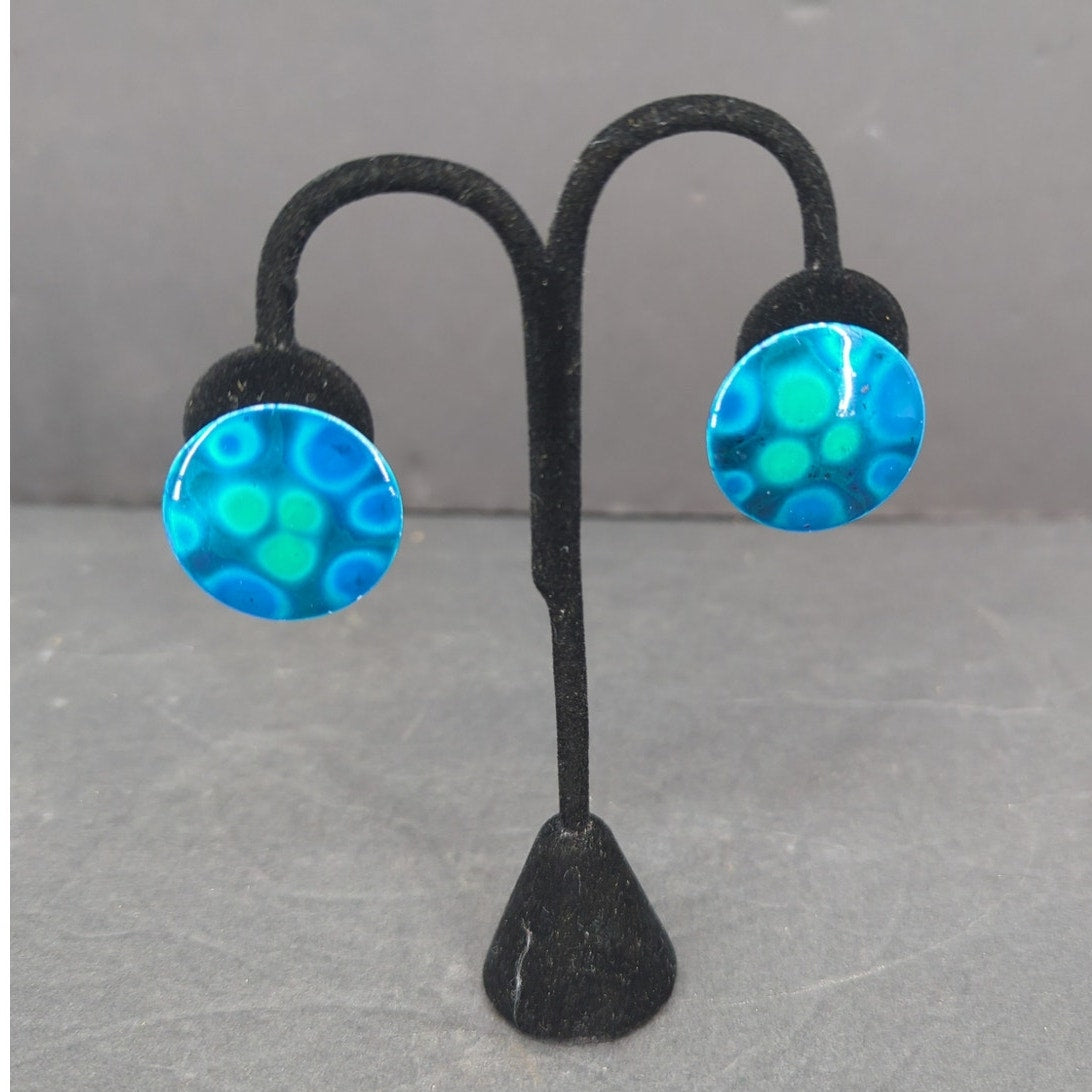 Vintage West Germany Hand Painted Enameled Metal Clip On Earrings Abstract BLUE