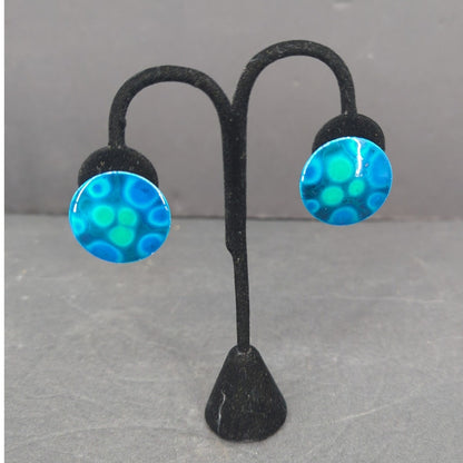 Vintage West Germany Hand Painted Enameled Metal Clip On Earrings Abstract BLUE
