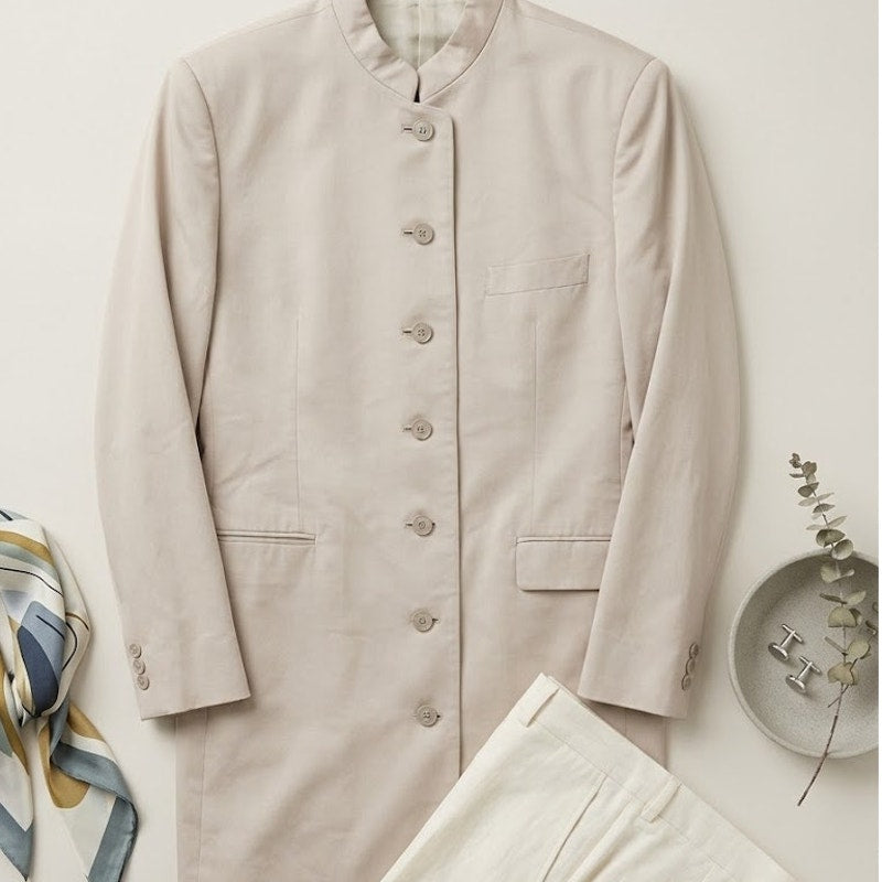 Custom Made Mandarin Collar Long Coat Tan Khaki Structured Minimalist Waistcoat