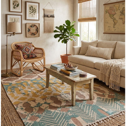 World Market Area Rug 5' x 8'  Jute Blend Green Tan Cream Green Fringe Geometric
