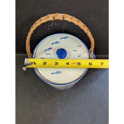 Vtg Hand Painted Biscuit / Cookie tea  Jar Wicker Handle Lid Japan Blue Canister