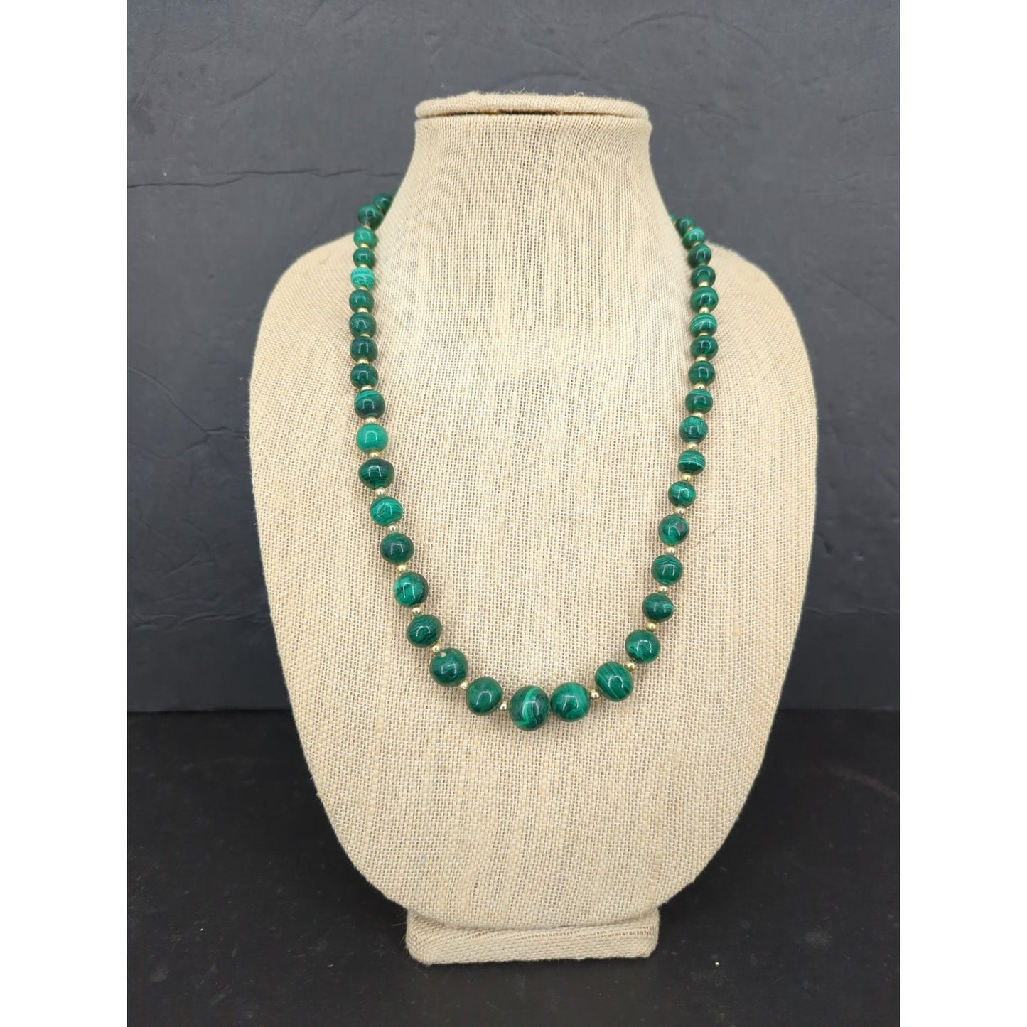 Vintage Green Malachite Style Beaded Strand Necklace Gold Accent Jewelry