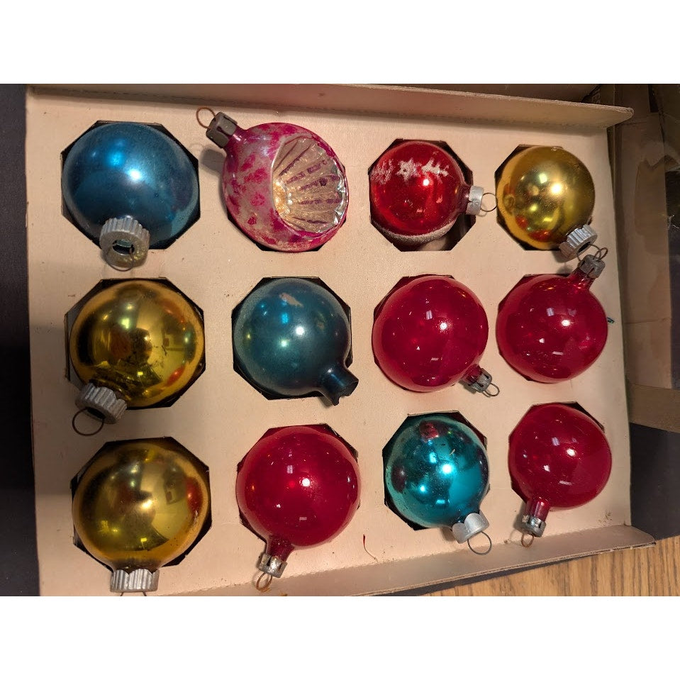 2 boxes (24pcs) Hand Blown Christmas glass ornaments Shiny Brite Multicolor 2"