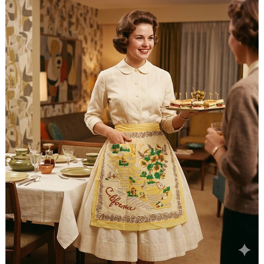 P. Shuman Co. Japan Rayon VINTAGE yellow California Map Sheer Apron 1950s