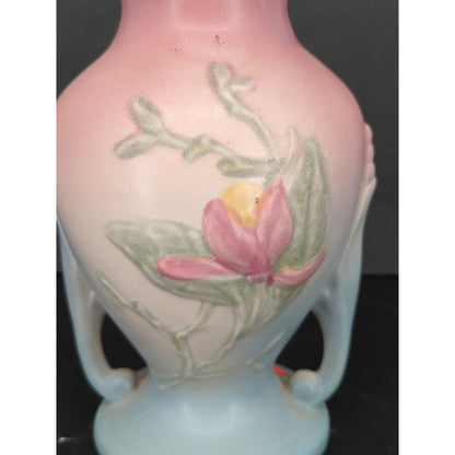 Vintage Hull Pottery Magnolia Double Handled Vase Matte Pink Blue Yellow