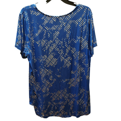 JM Collection Royal Blue Gold Metallic Print Top Short Sleeve Casual New