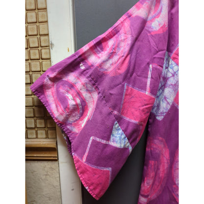 Vintage Purple Pink Batik Cotton Maxi Dress Angel Sleeve Bohemian Caftan 70s