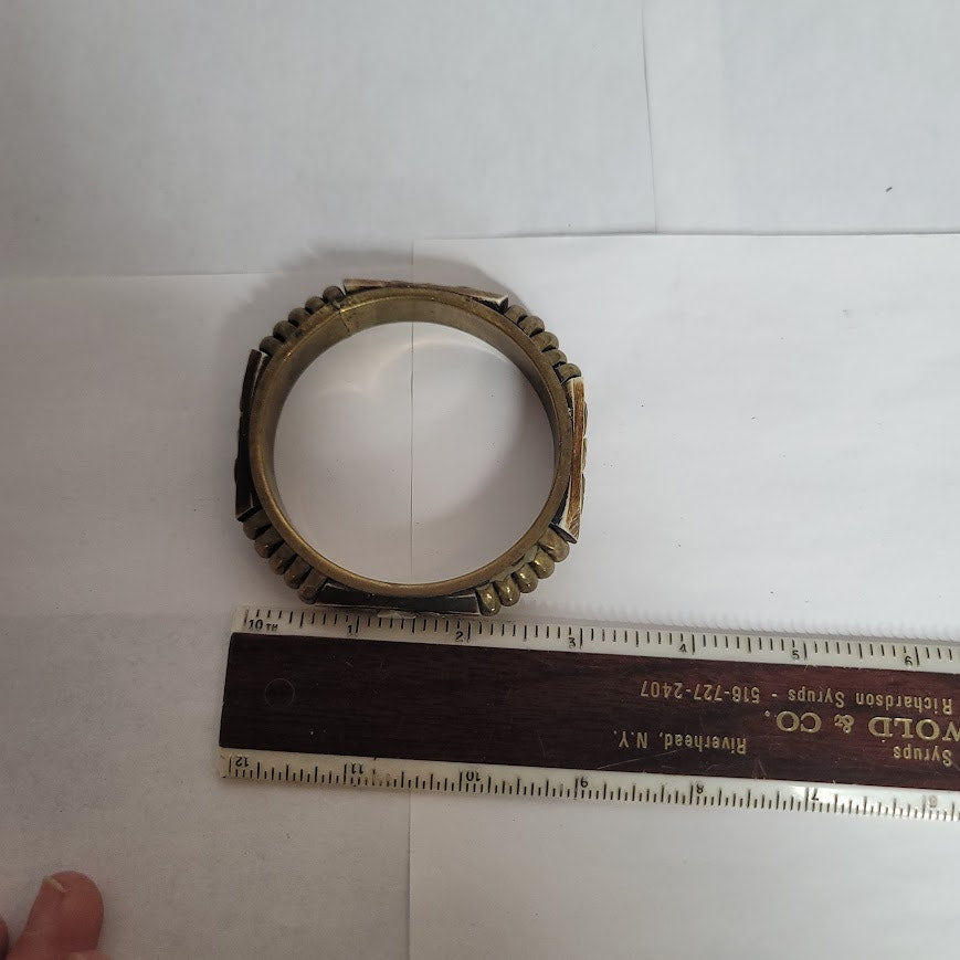 Wood Brass bone bracelet Vintage Viking MCM brown goldtone Bone Viking bangle