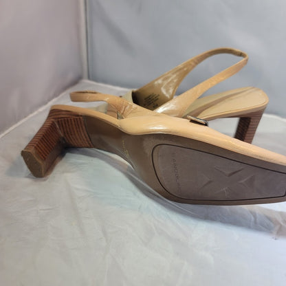 Bandolino straped mules heels tan and white career Womens Shoes Size 10