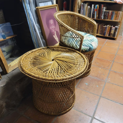 Vintage Mid Century Modern Wicker Barrel Chair and Sunburst Drum Side Table Set