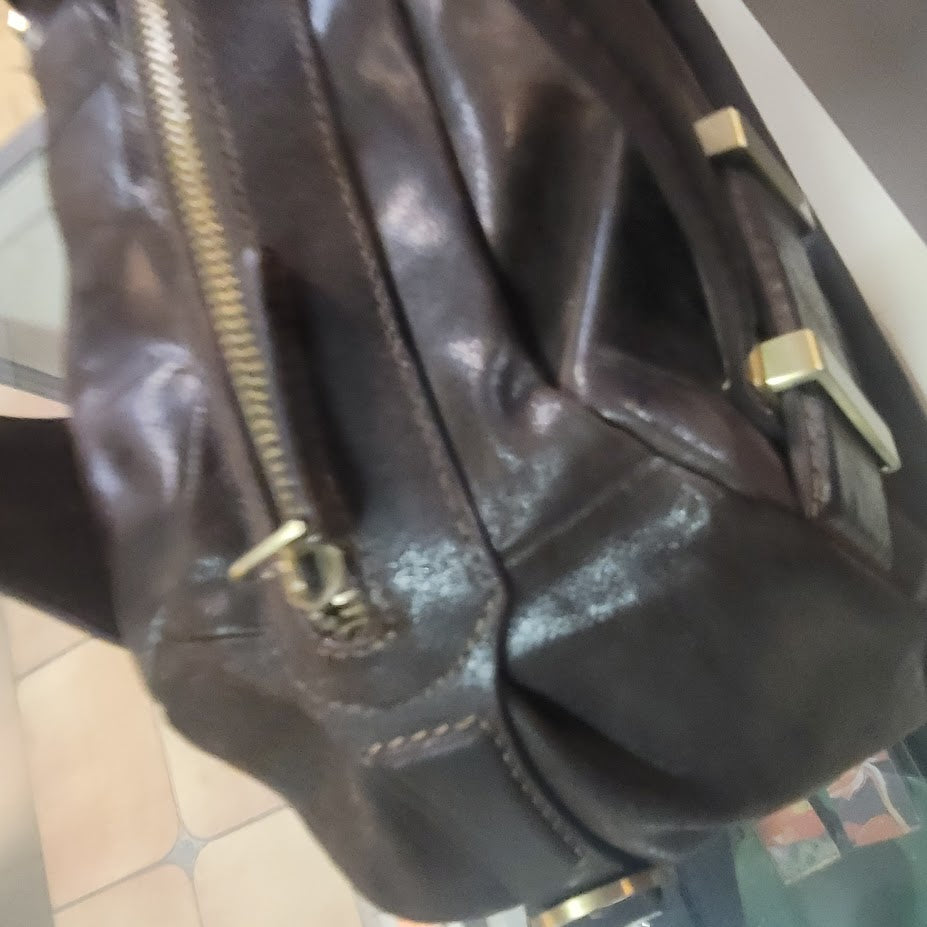 Vintage Sondra Roberts Chocolate Brown Leather Hobo Shoulder Bag Brass Details