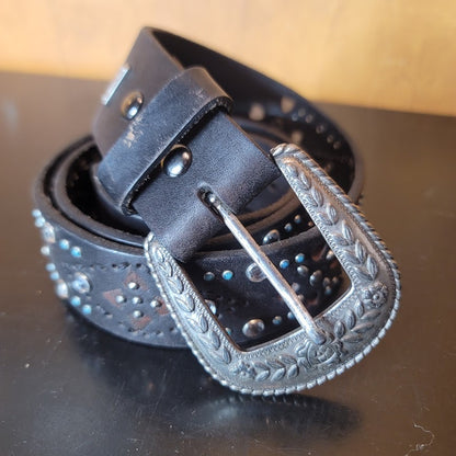 Ariat Leather Studded tooled Silver Buckle Size 34 Hearts Rhinestones Boho BELT