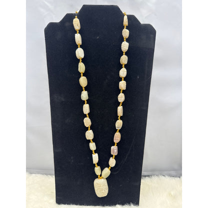 Vintage white soapstone carved scarab beaded necklace Egyptian revival 30"