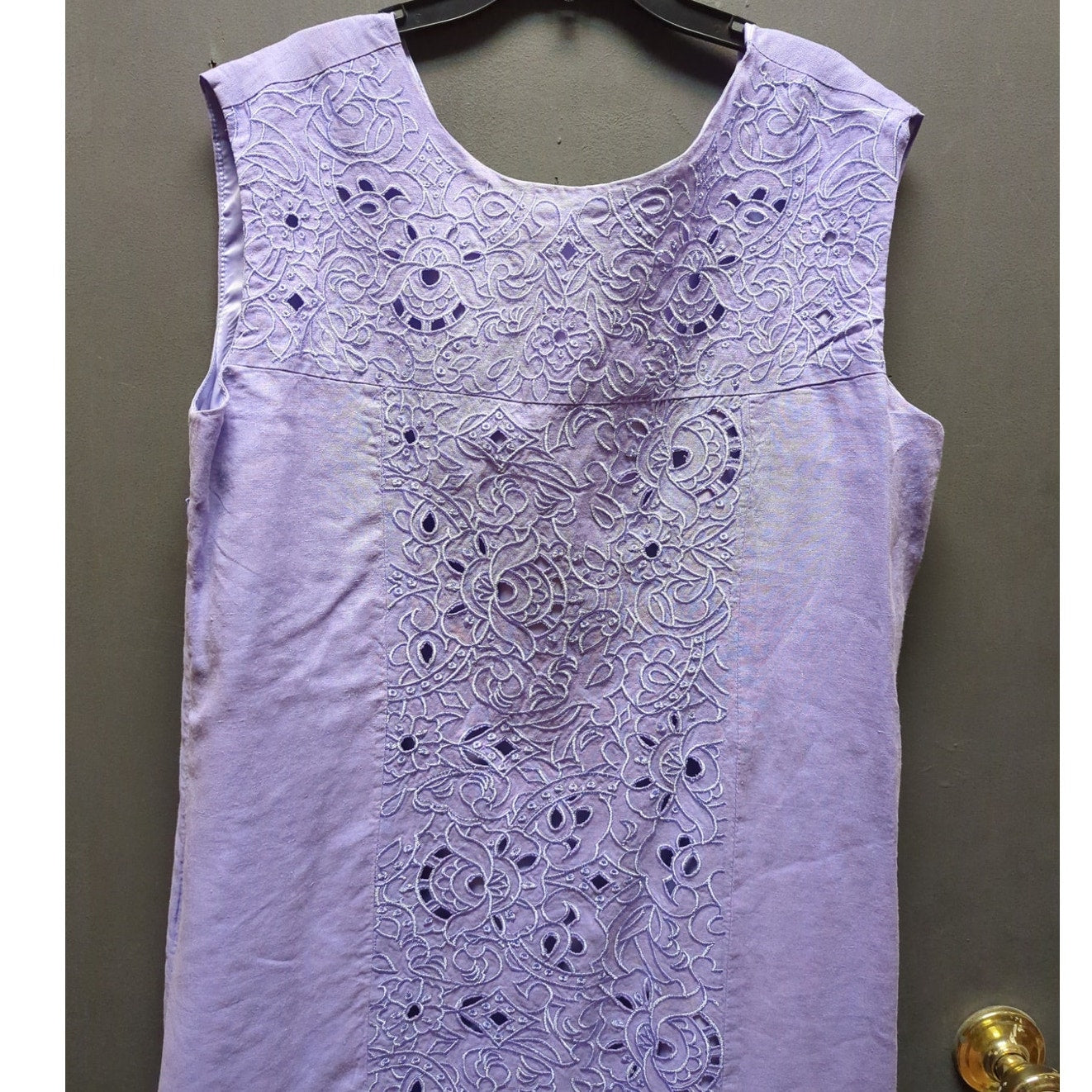 EY Signature Lavender Linen Sleeveless Midi Dress Large Eyelet Cutout
